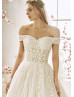 Off Shoulder Beaded Ivory Tulle Flowers Wedding Dress